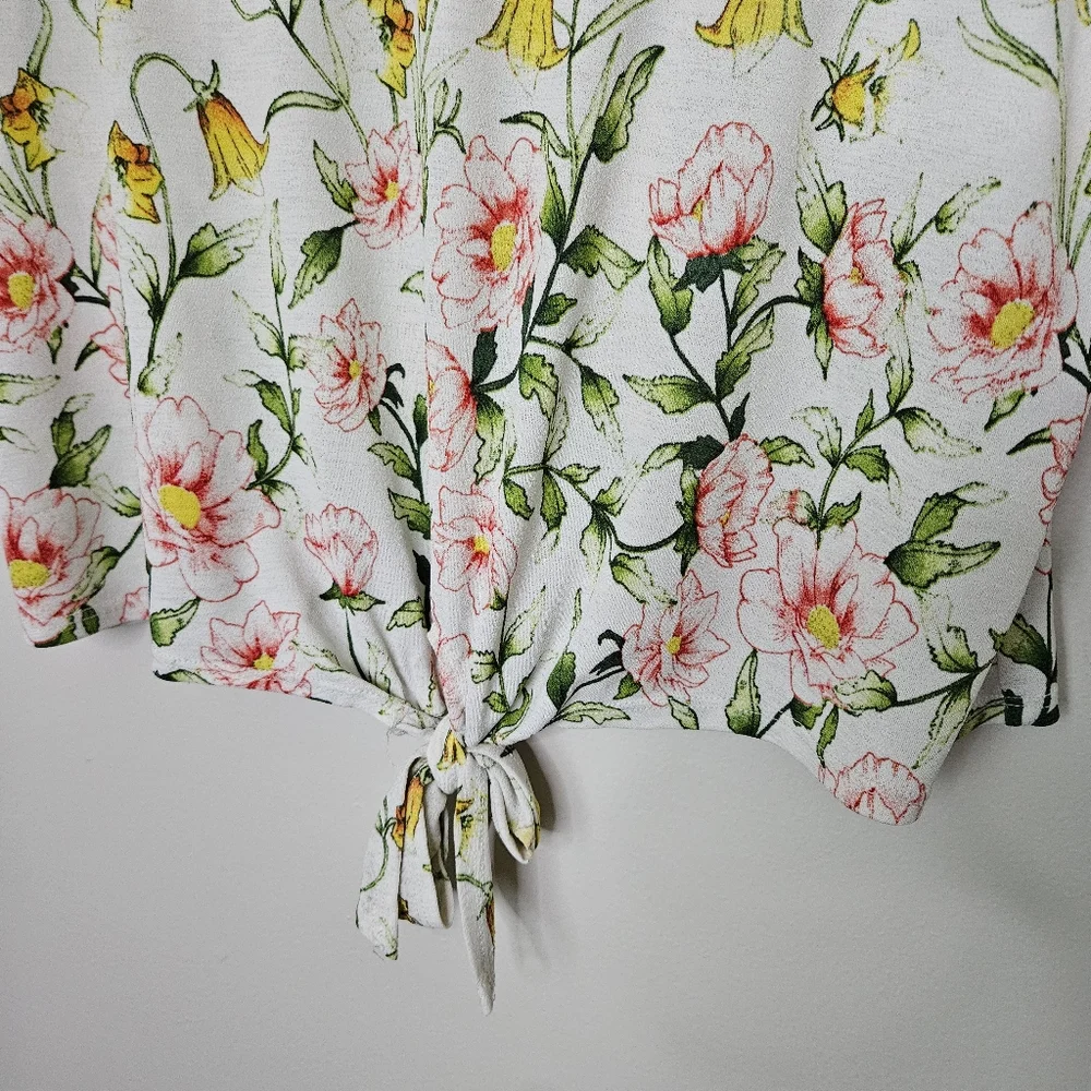 Lily White Blouse Floral Print Top Yellow Pink Green V-Neck Tie Front Casual - Picture 3 of 8